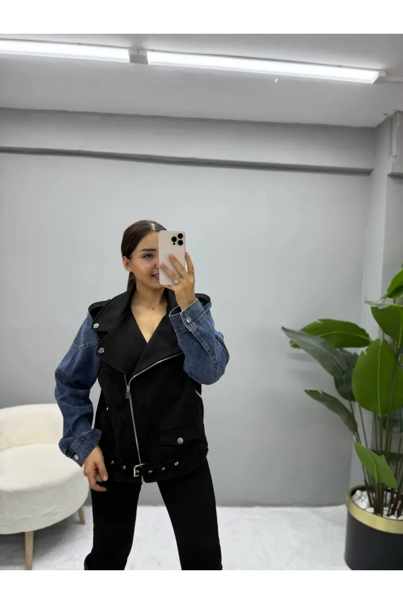 Kol Denim Detaylı Süet Mont