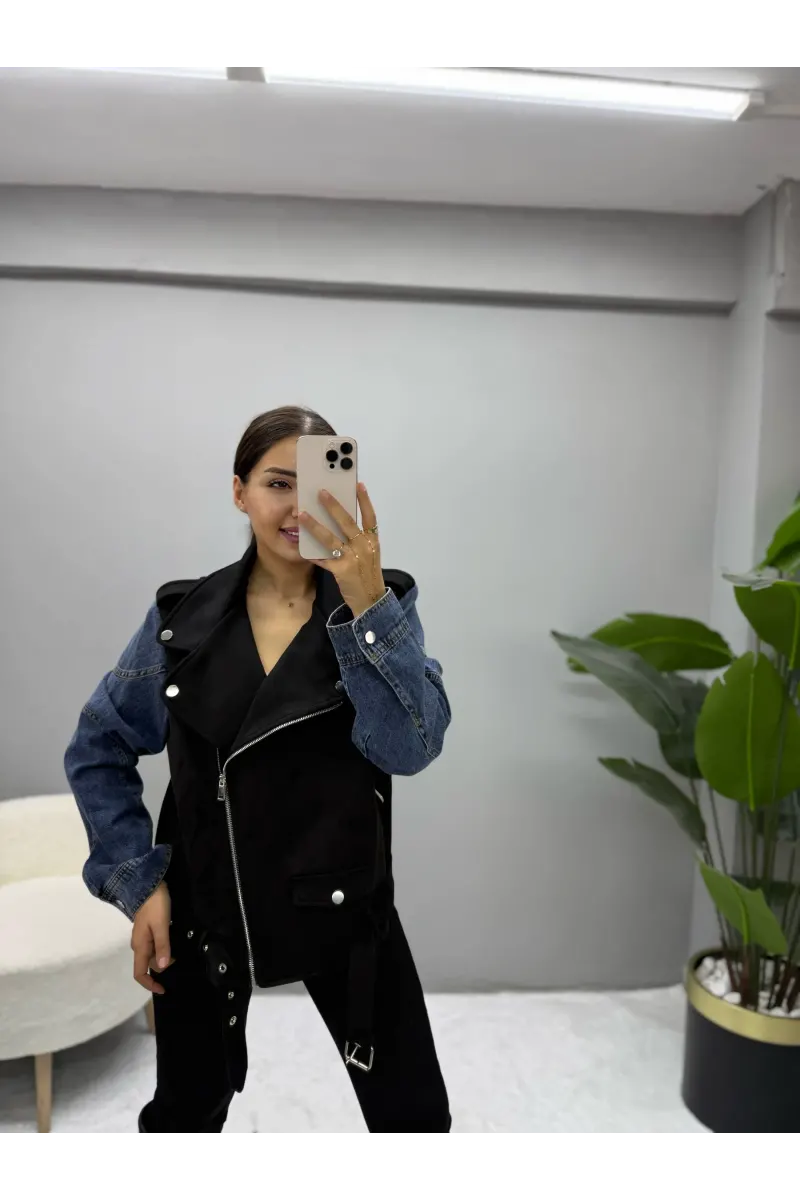 Kol Denim Detaylı Süet Mont