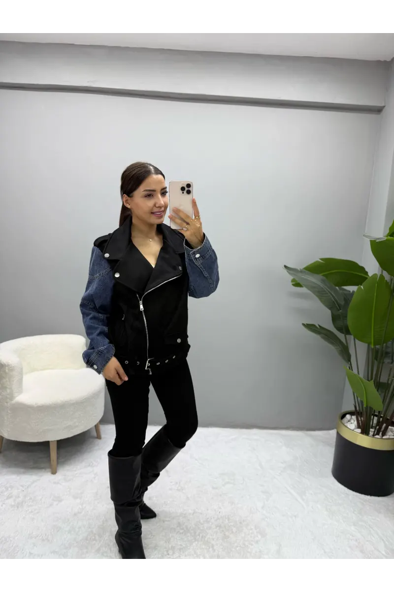 Kol Denim Detaylı Süet Mont