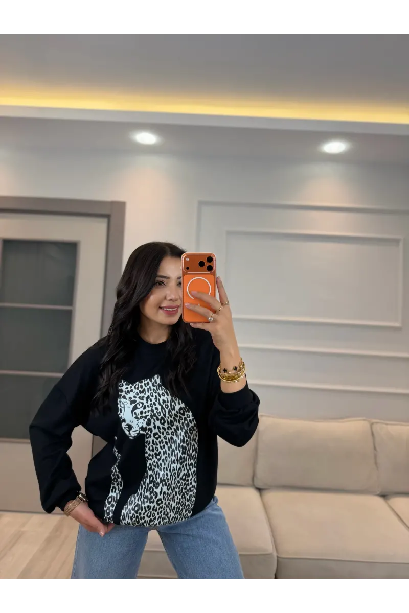 Leopar Baskılı Modal Sweatshirt