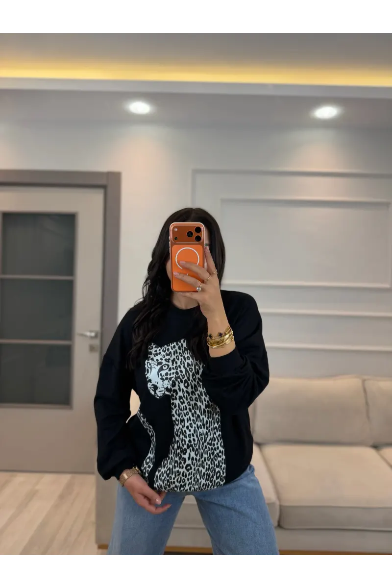 Leopar Baskılı Modal Sweatshirt
