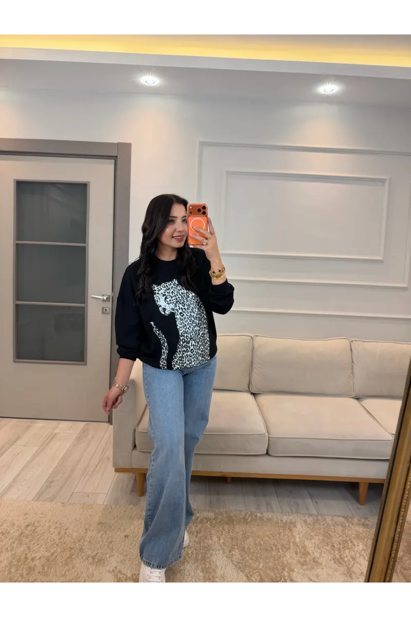 Leopar Baskılı Modal Sweatshirt