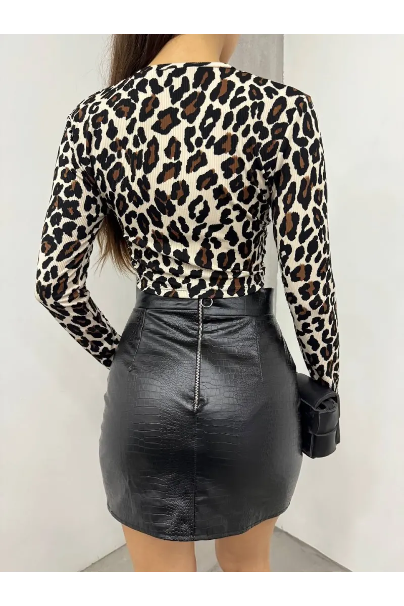 Leopar Önü Büzgülü Crop