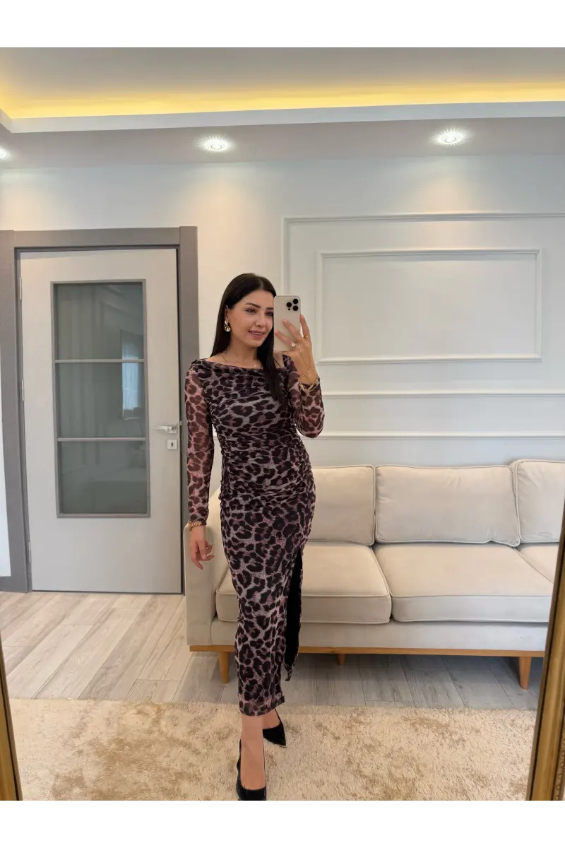 Leopar Tül Düşük Omuz Elbise