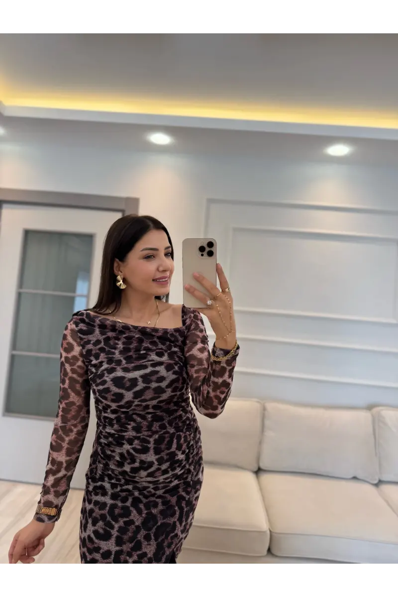 Leopar Tül Düşük Omuz Elbise