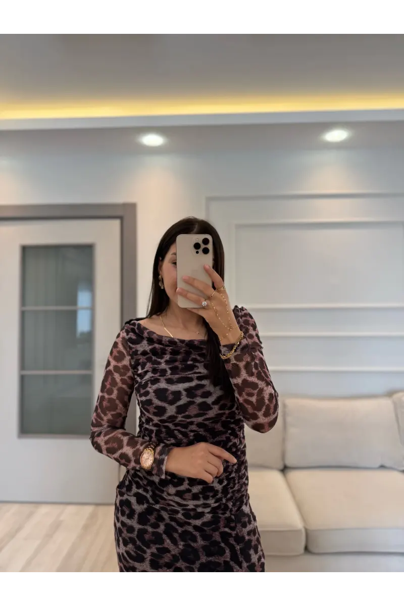 Leopar Tül Düşük Omuz Elbise