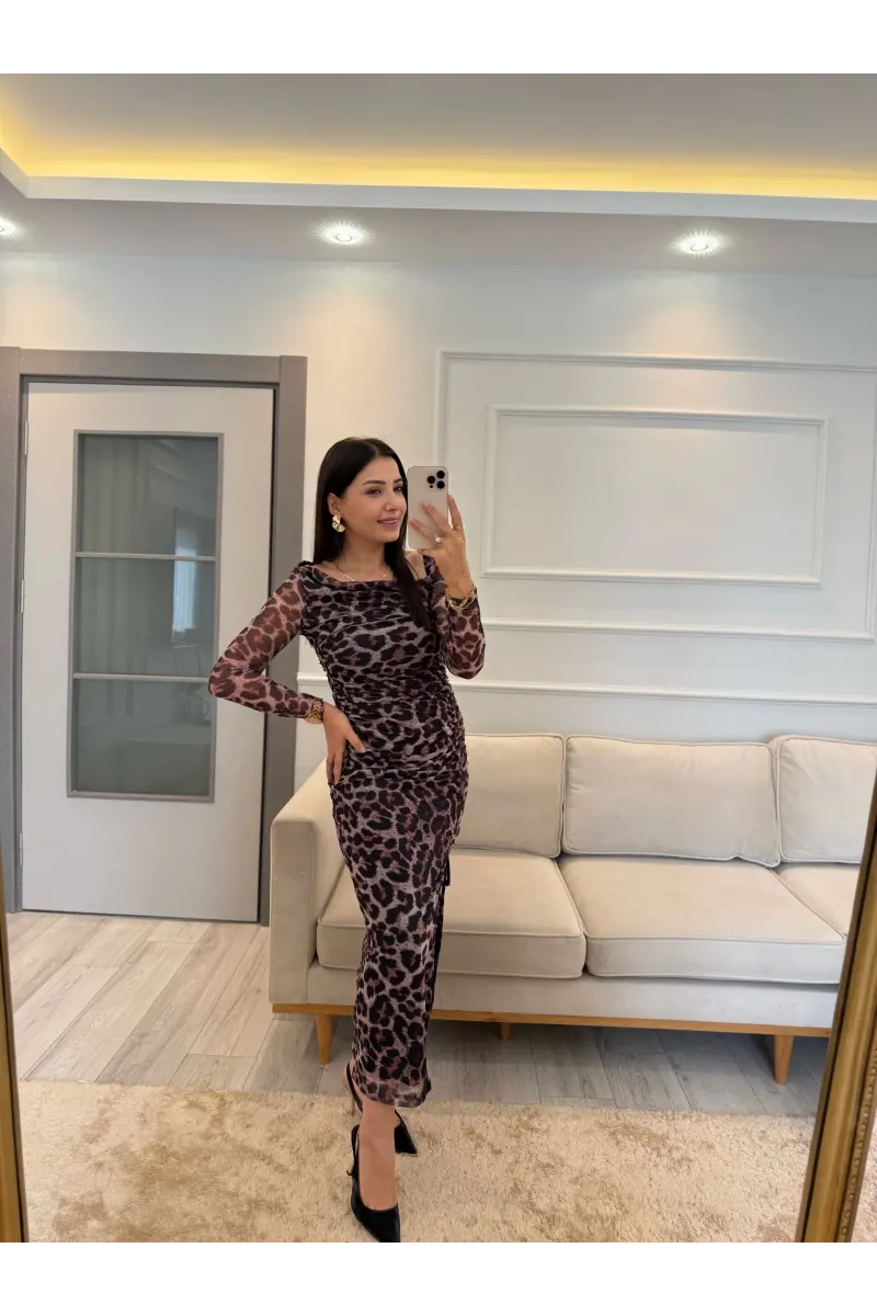Leopar Tül Düşük Omuz Elbise