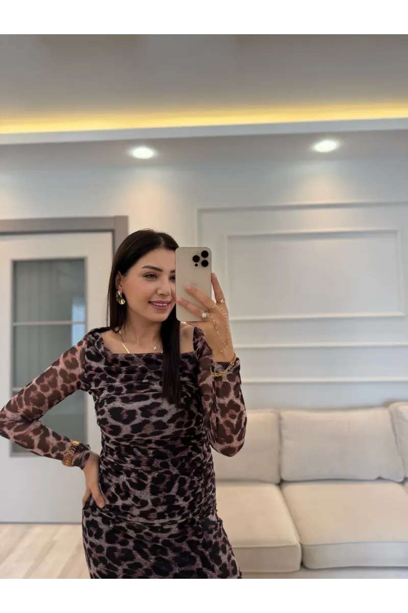 Leopar Tül Düşük Omuz Elbise