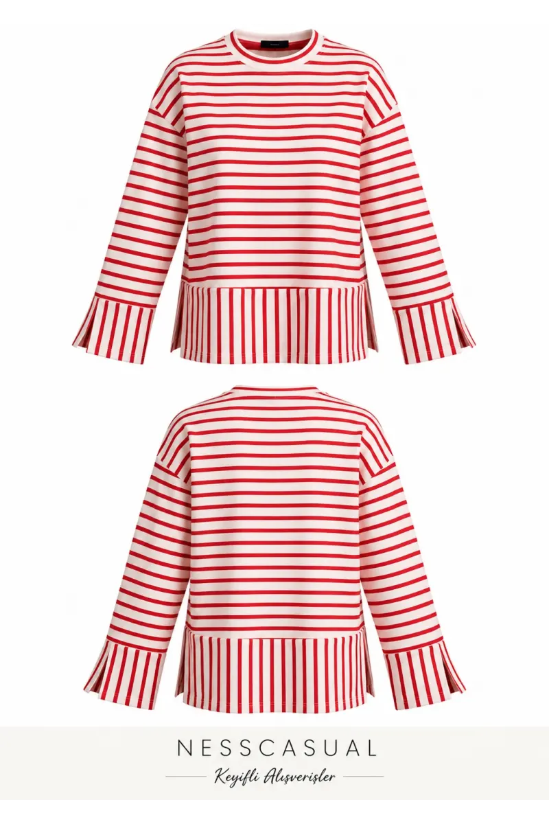 Modal Yan Yırtmaçlı Çizgili Sweatshirt