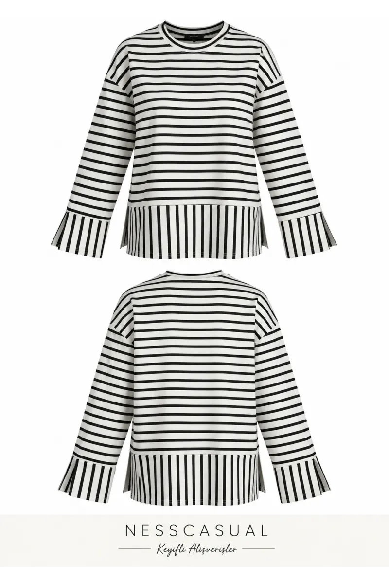 Modal Yan Yırtmaçlı Çizgili Sweatshirt
