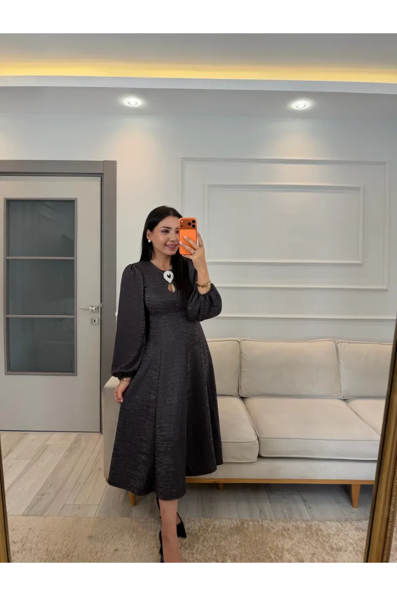 Ön Broşlu Simli Elbise