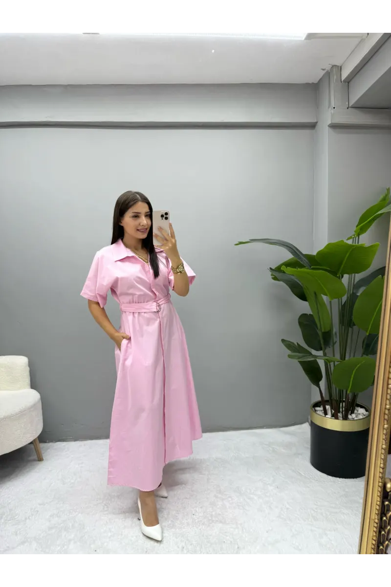 Poplin Kumaş Bel Kemerli Elbise