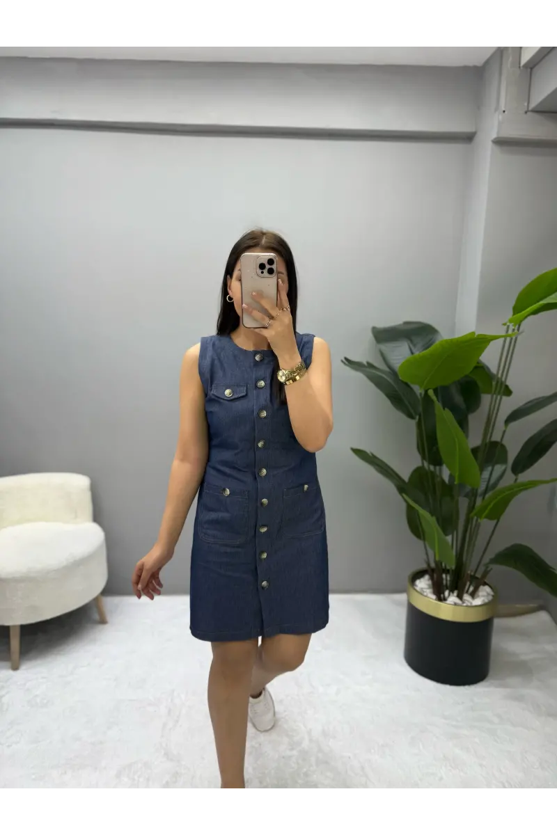 Premium Denim Sıfır Kol Elbise