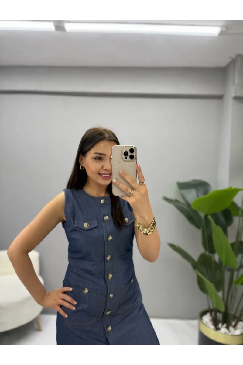 Premium Denim Sıfır Kol Elbise