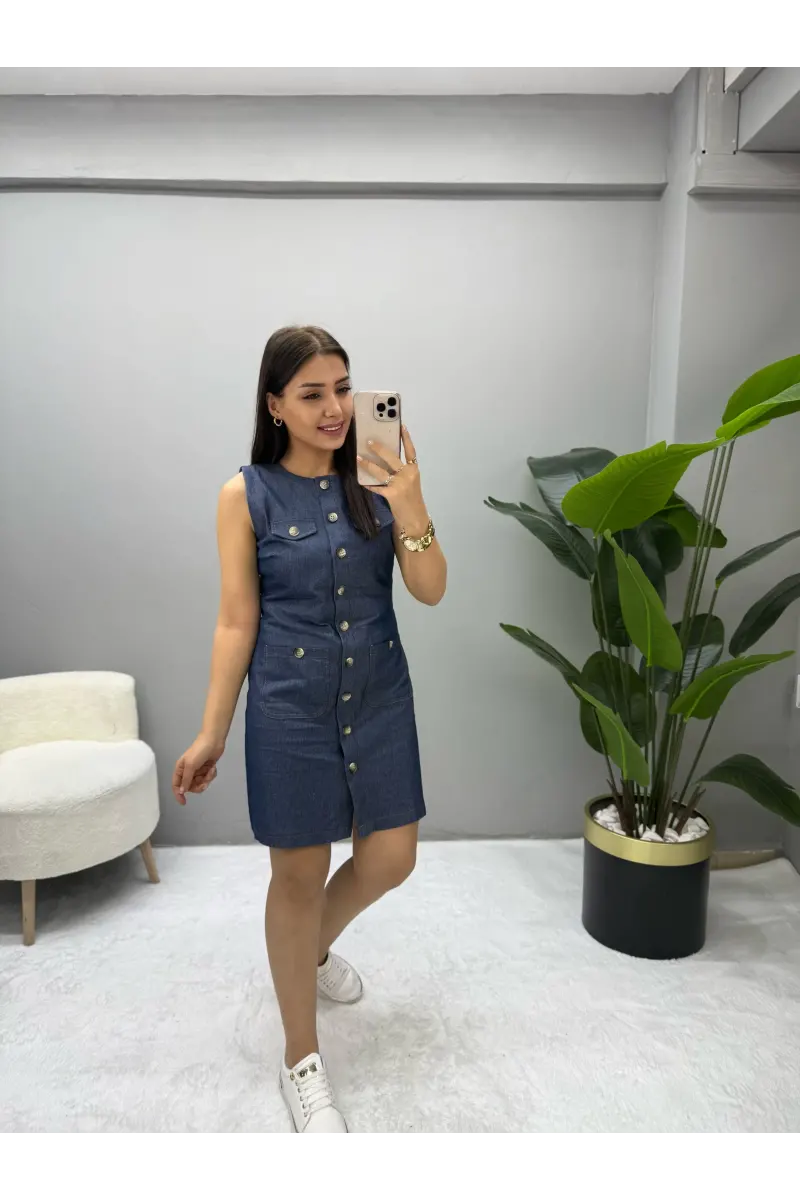Premium Denim Sıfır Kol Elbise