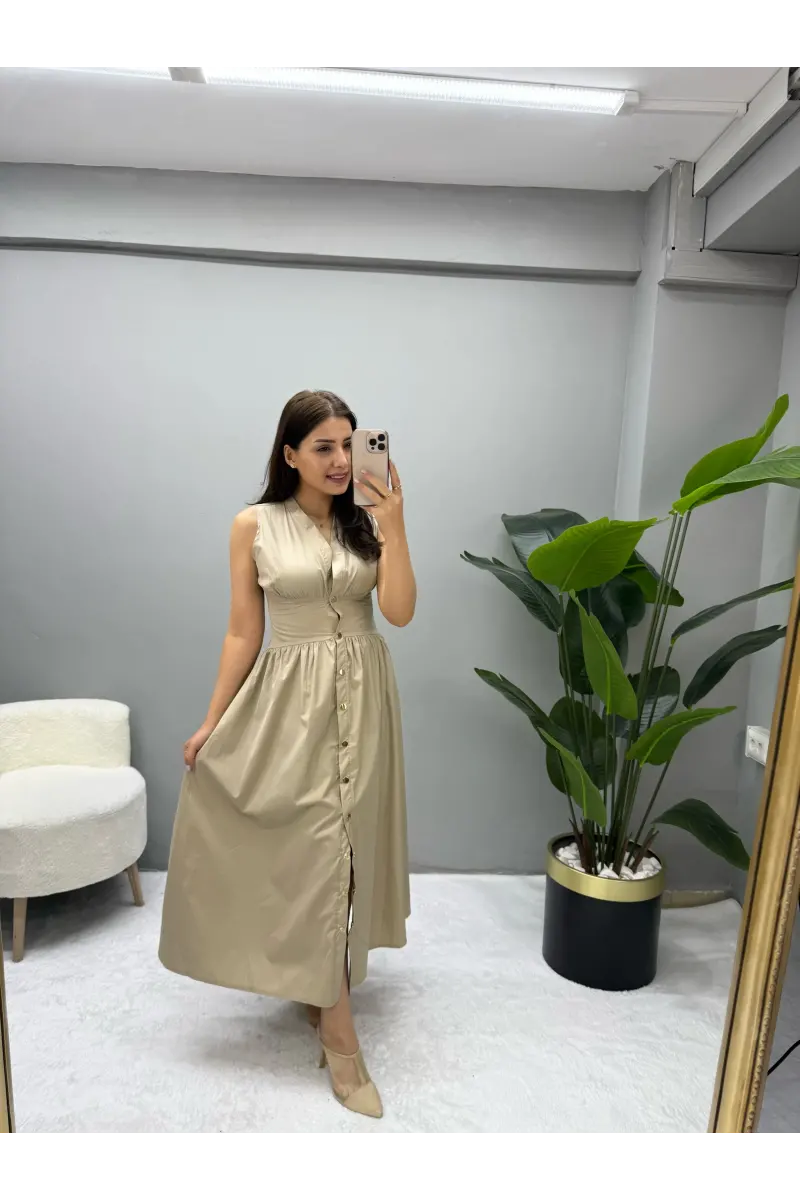 Premium Gold Düğmeli Sıfır Kol Elbise