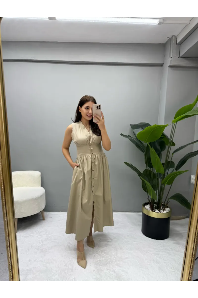 Premium Gold Düğmeli Sıfır Kol Elbise
