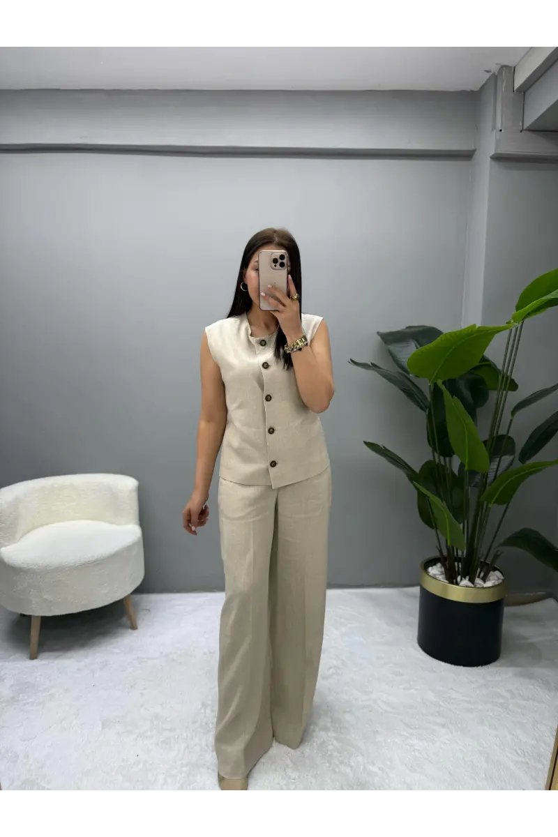 Premium Ham Keten Yelek Pantolon Takım
