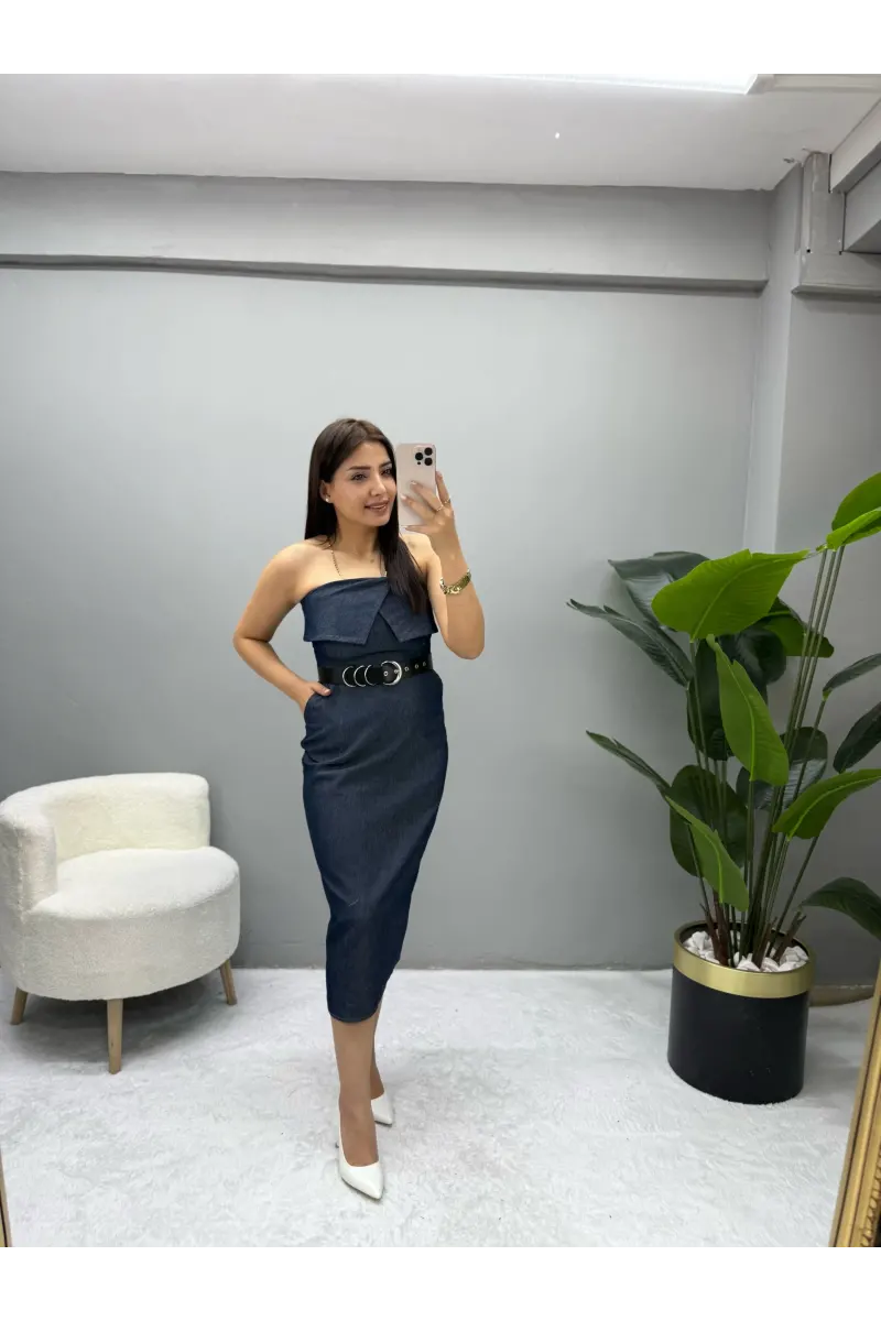 Premium Straplez Denim Elbise