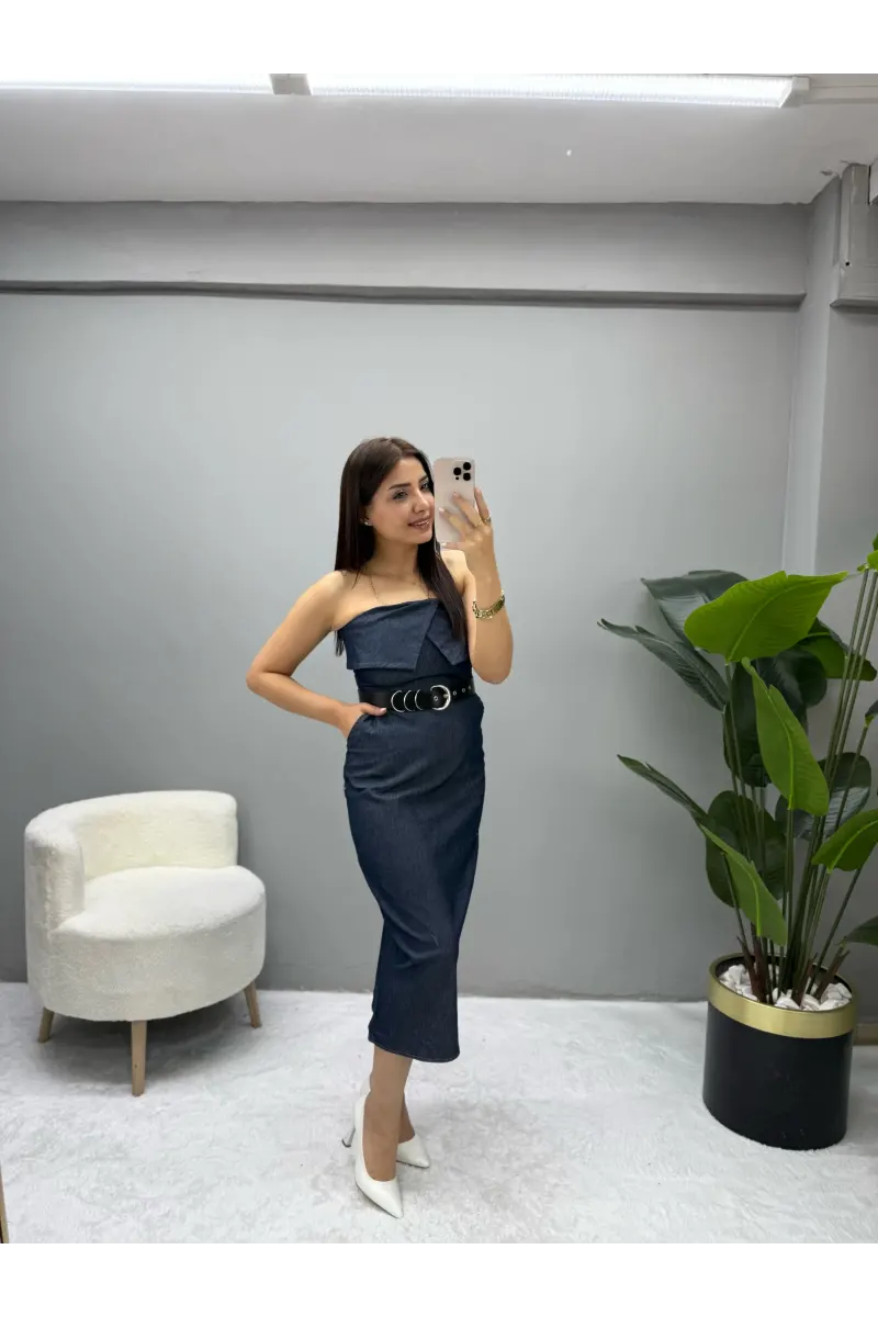 Premium Straplez Denim Elbise