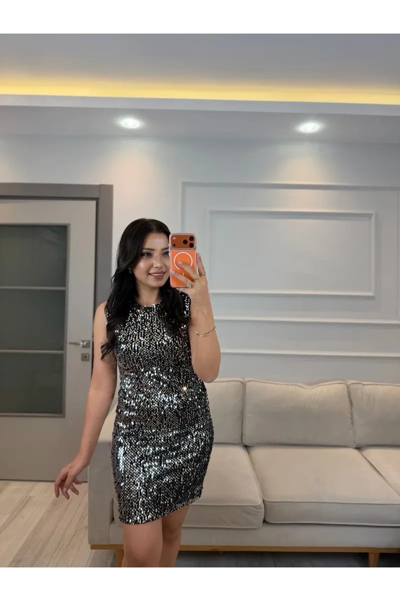 Pul Payet Sıfır Kol Elbise