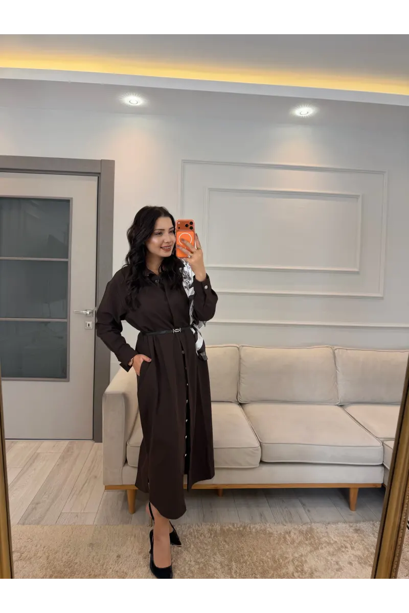 Şal Detaylı Kemerli Elbise