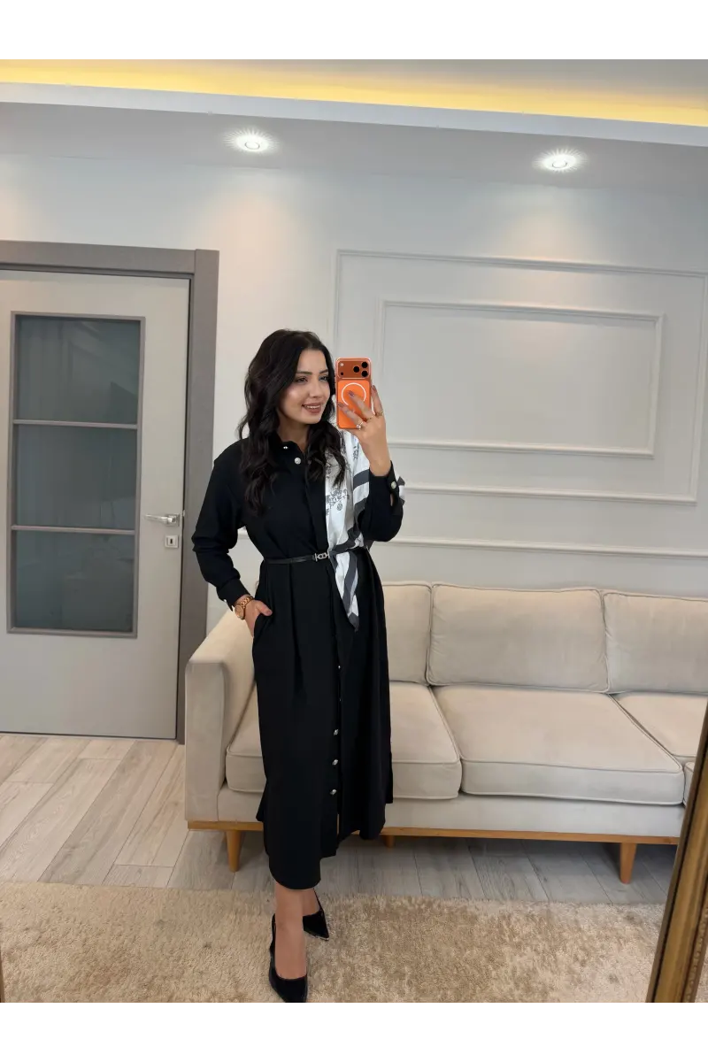 Şal Detaylı Kemerli Elbise