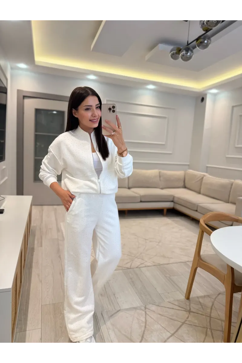 Serpme Taşlı Fermuarlı Sweatshirt Takım