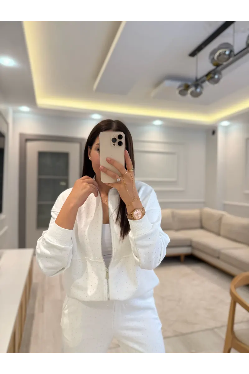 Serpme Taşlı Fermuarlı Sweatshirt Takım