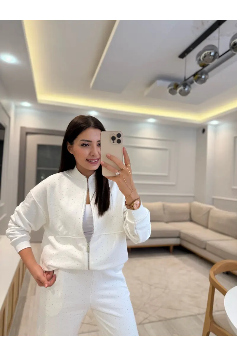 Serpme Taşlı Fermuarlı Sweatshirt Takım