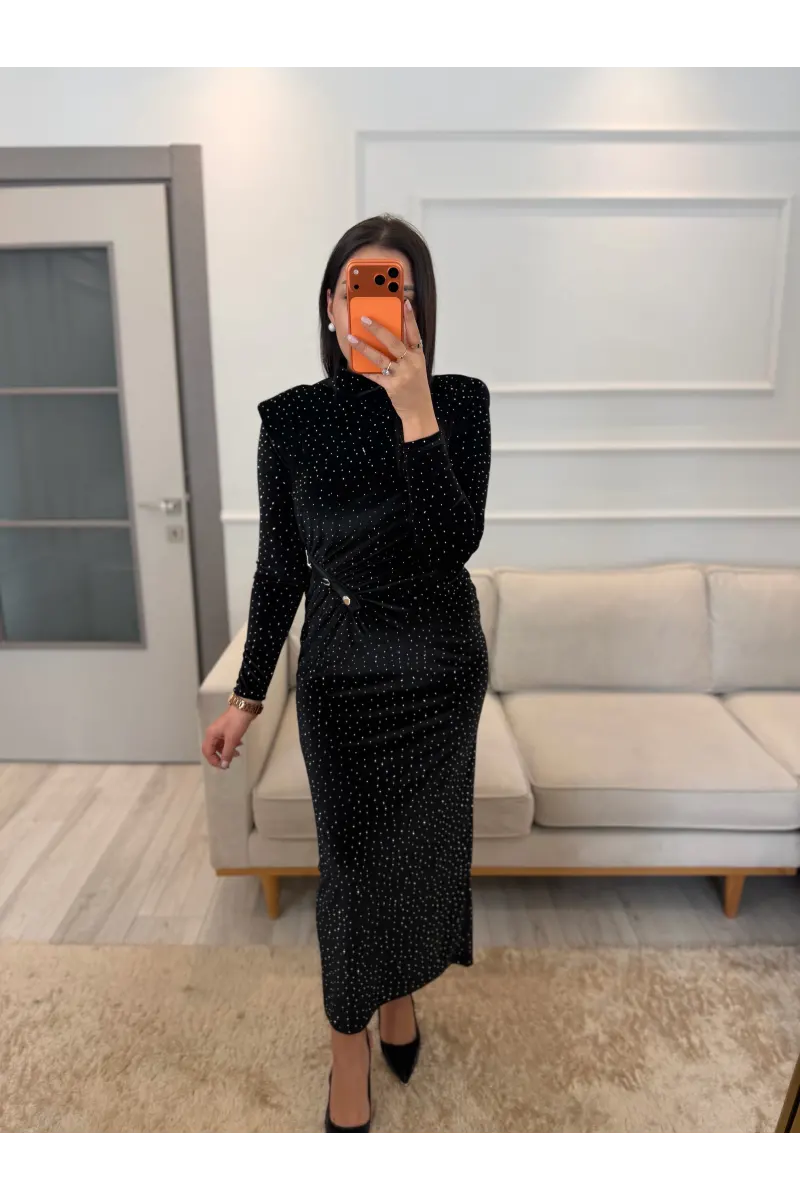 Serpme Taşlı Ön Düğmeli Kadife Elbise