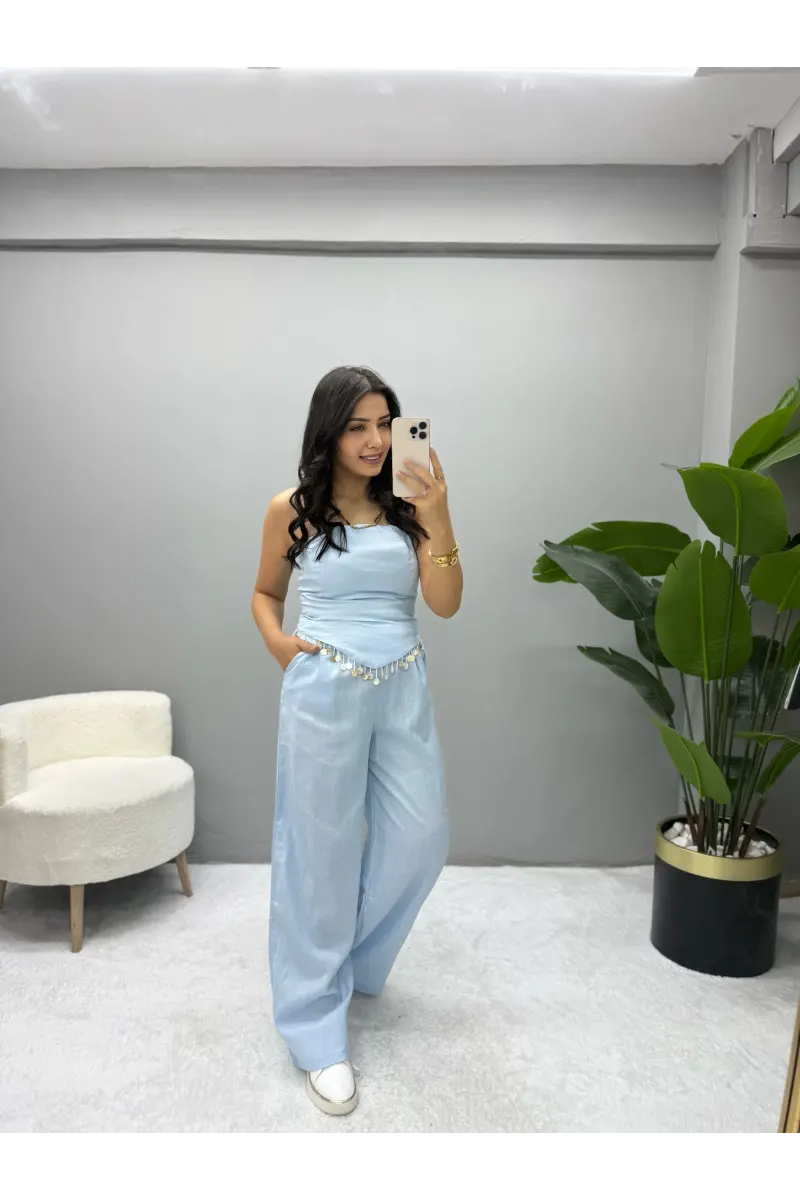 Straplez Bluz Pantolon Takım