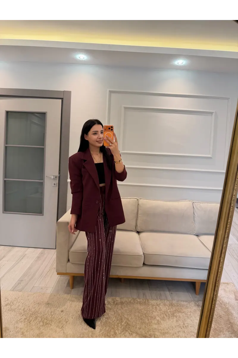 Su Yolu Taşlı Blazer Ceket Pantolon Takım