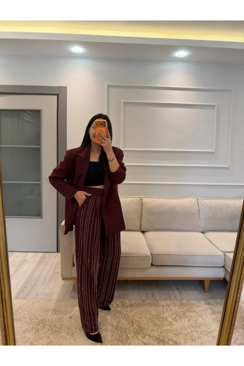 Su Yolu Taşlı Blazer Ceket Pantolon Takım