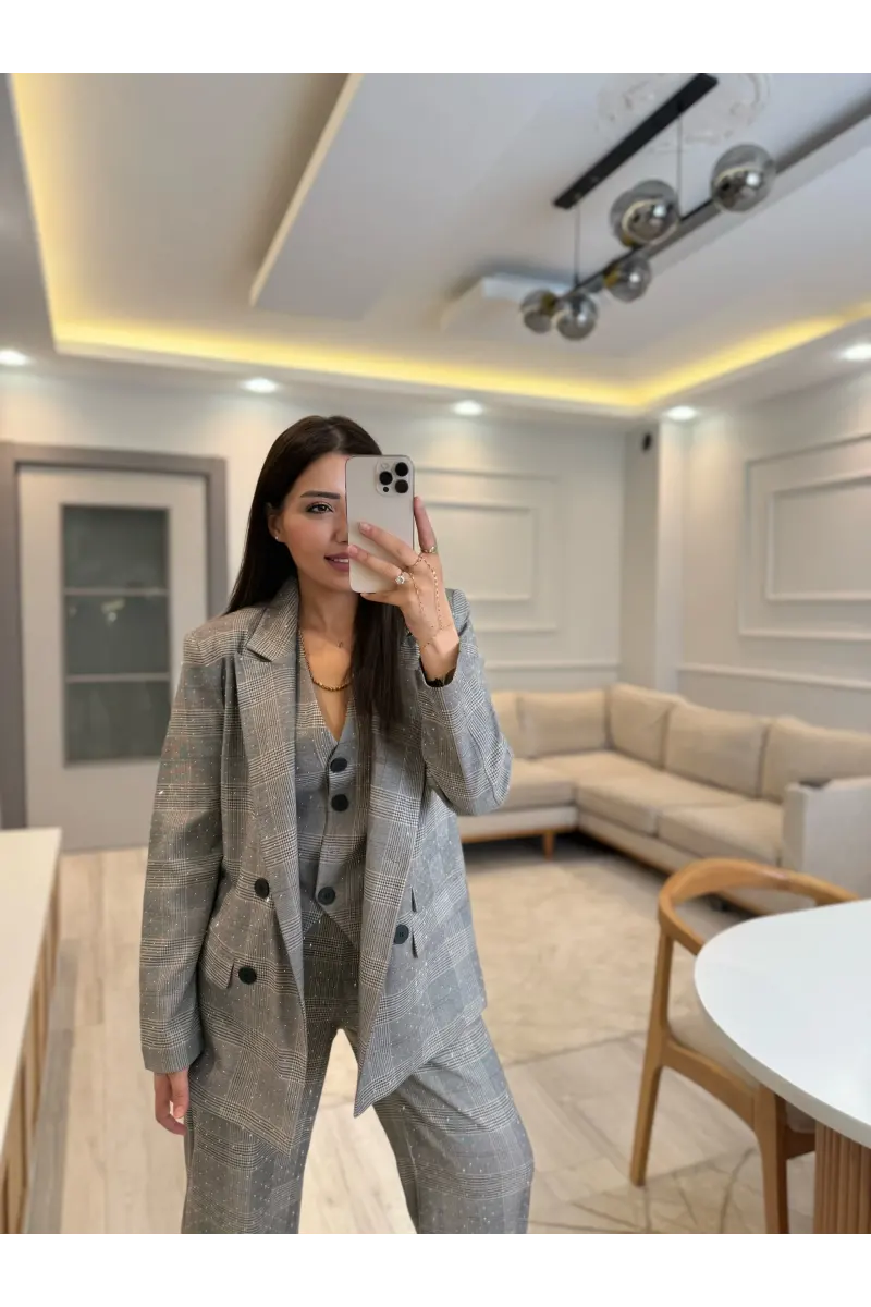 Tasarım Ekose Taşlı Blazer Yelek Pantolon Takım