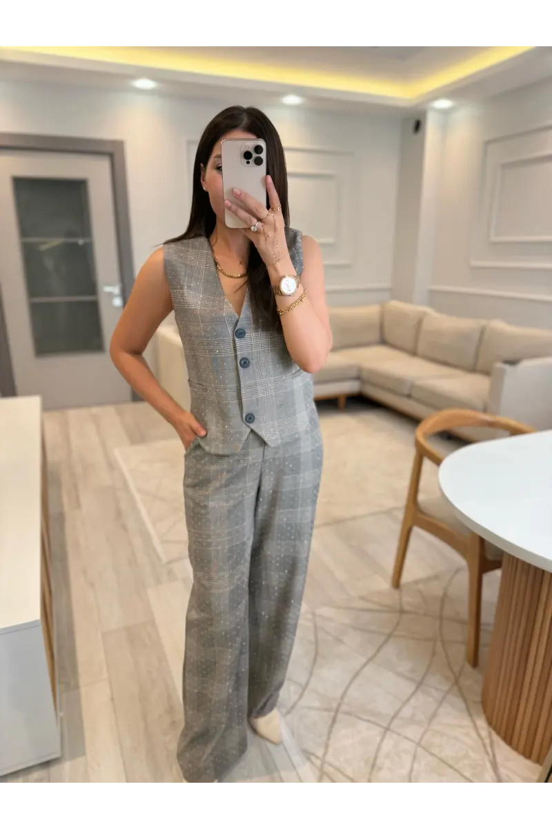Tasarım Ekose Taşlı Blazer Yelek Pantolon Takım