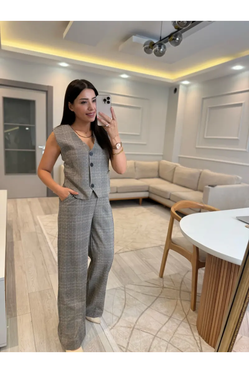 Tasarım Ekose Taşlı Blazer Yelek Pantolon Takım