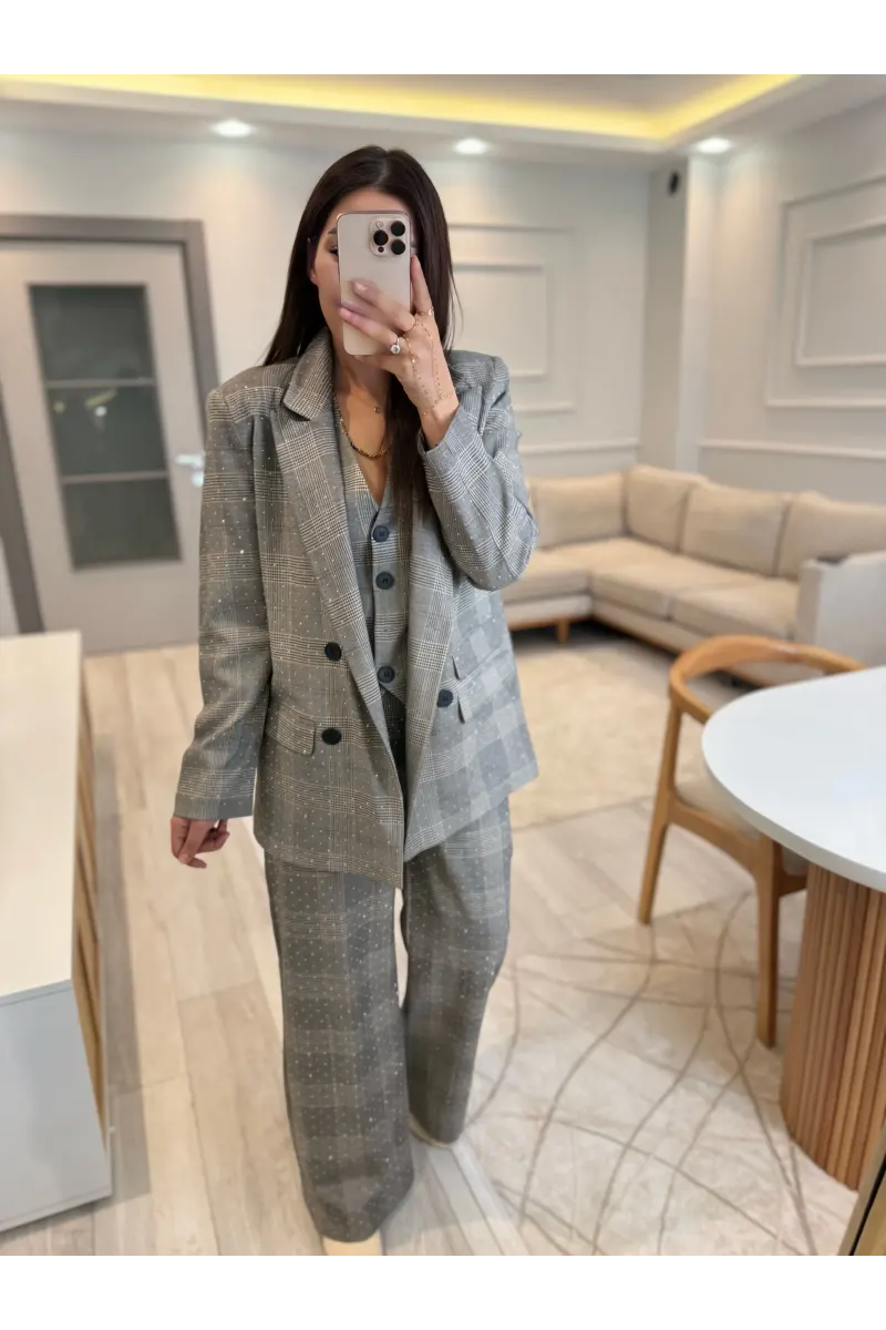 Tasarım Ekose Taşlı Blazer Yelek Pantolon Takım