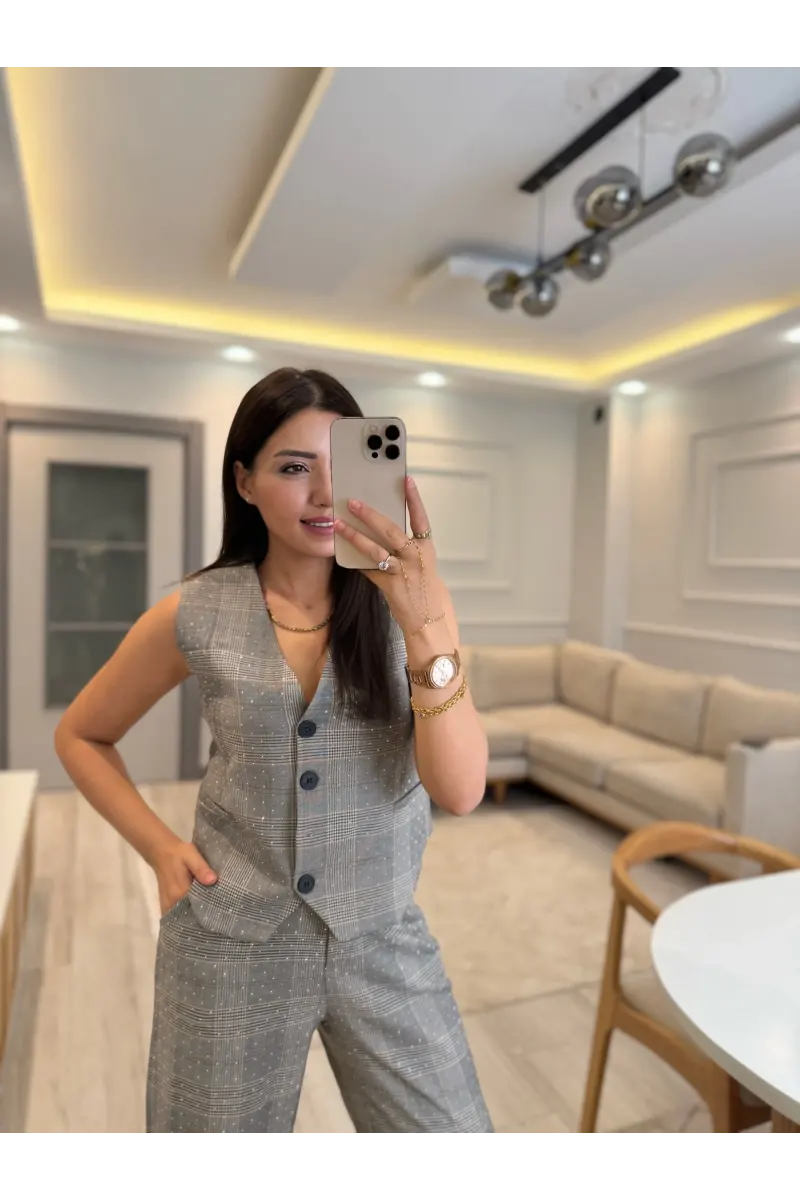 Tasarım Ekose Taşlı Blazer Yelek Pantolon Takım
