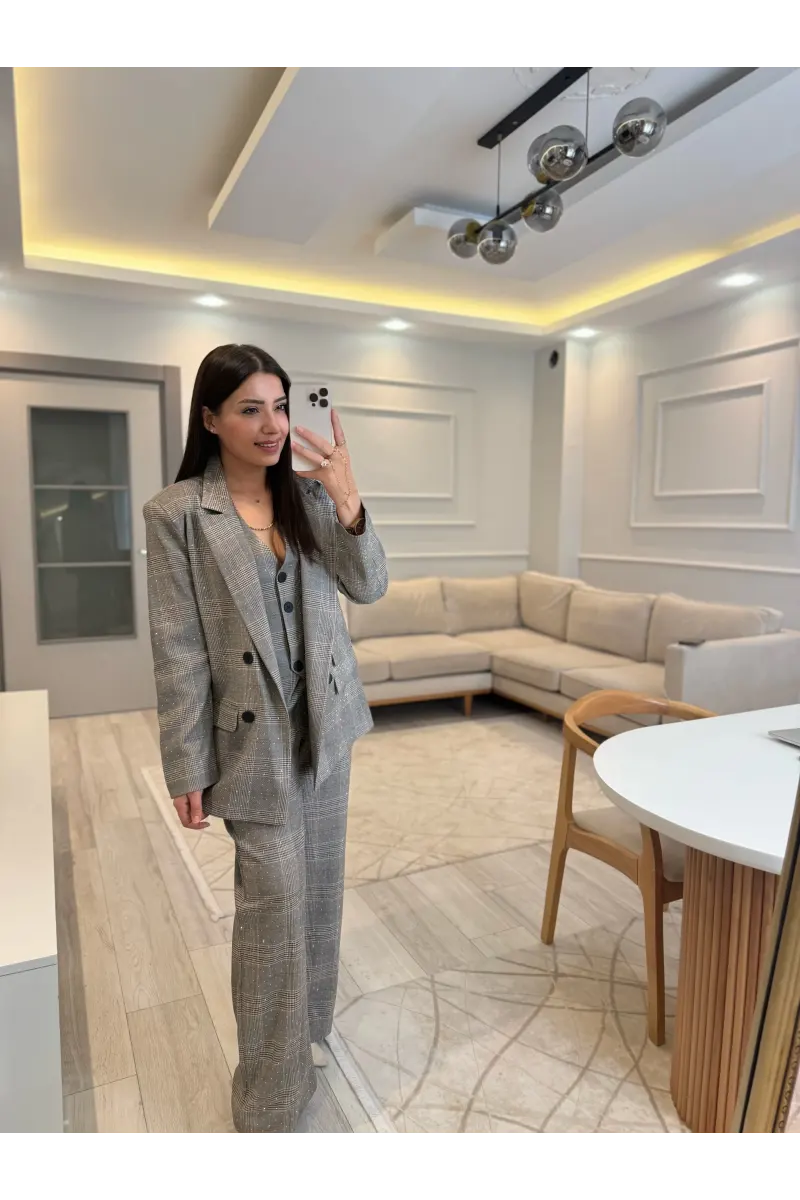 Tasarım Ekose Taşlı Blazer Yelek Pantolon Takım