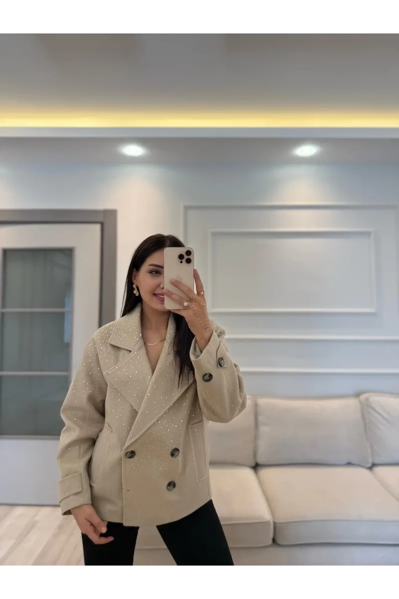 Tasarım Taşlı Kaşe Kaban