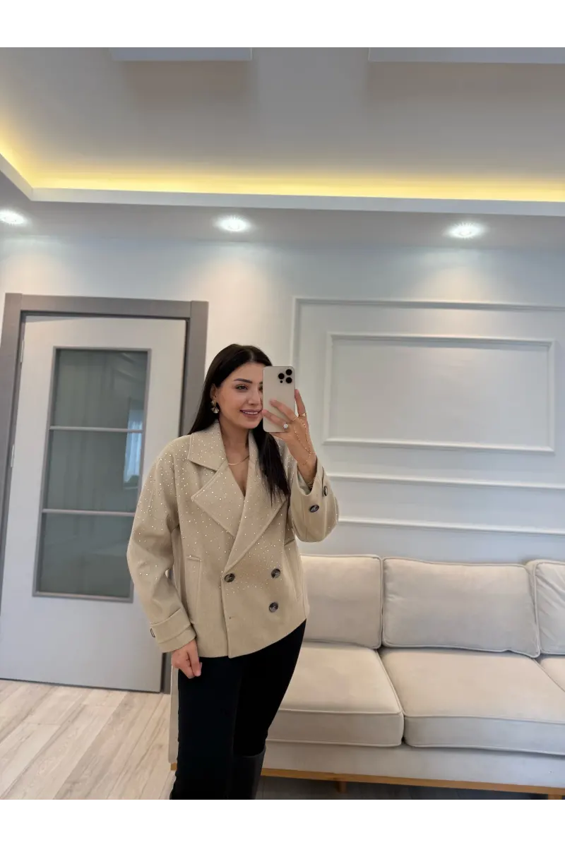 Tasarım Taşlı Kaşe Kaban