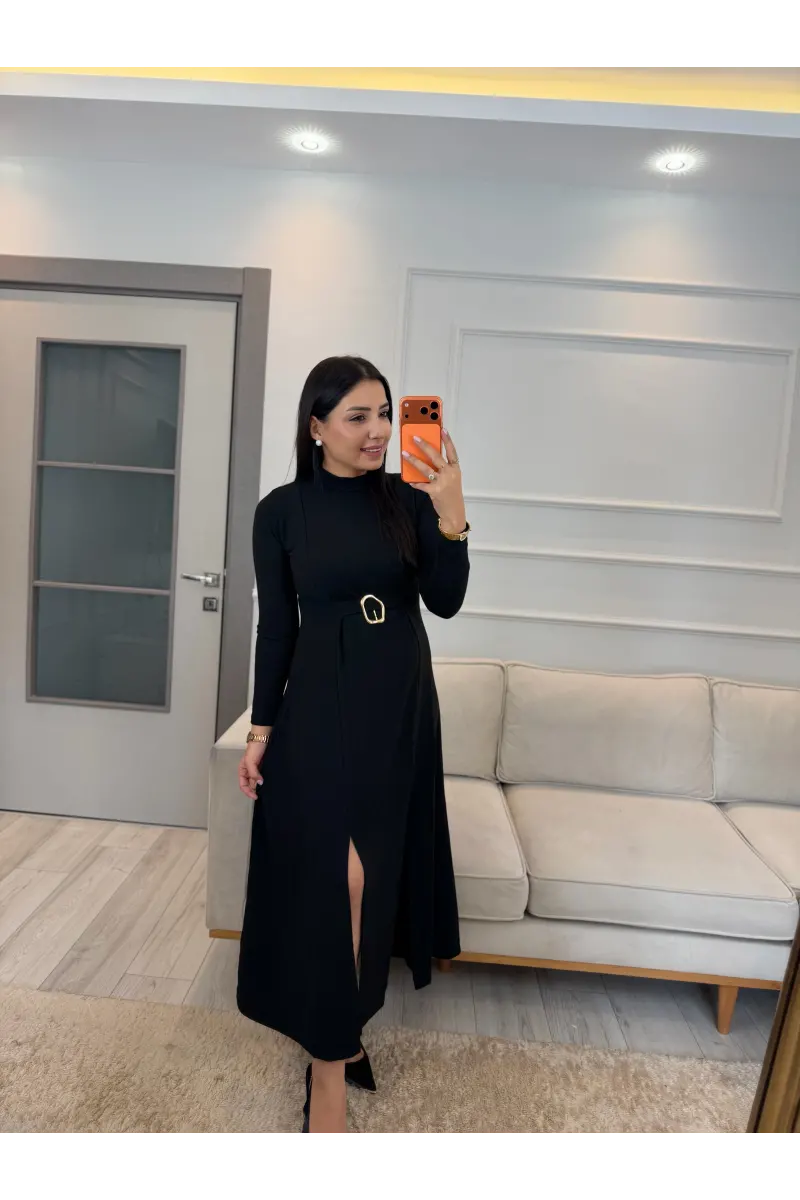 Yırtmaç Gold Toka Detaylı Elbise