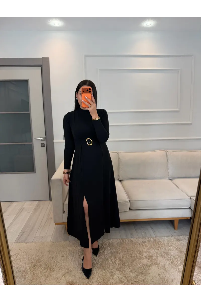 Yırtmaç Gold Toka Detaylı Elbise