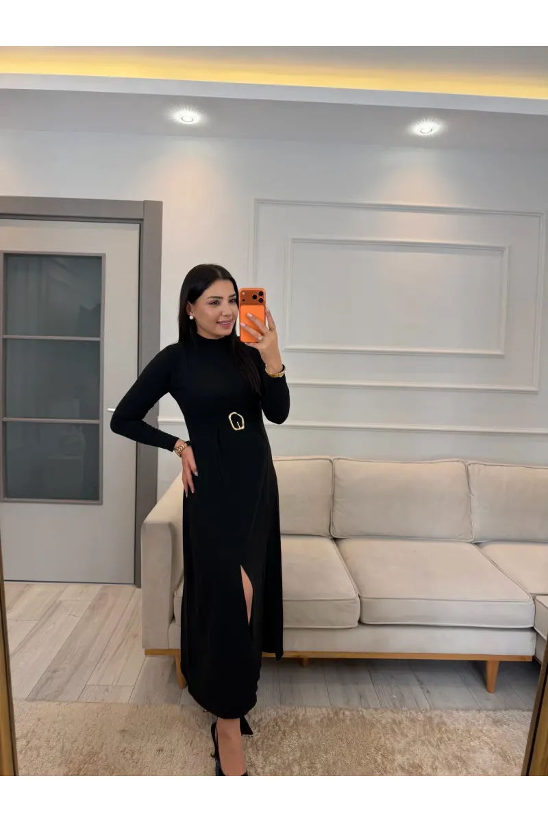 Yırtmaç Gold Toka Detaylı Elbise