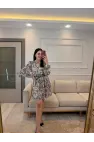 Bel Lastikli Kemerli Şal Desenli Elbise