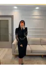 Zincir Detaylı Kol Dantel Elbise
