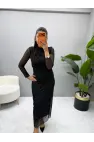 Tül Taşlı Drape Yaka Elbise