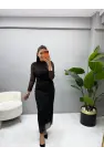 Tül Taşlı Drape Yaka Elbise