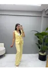 Önden Bağlamalı Keten Yelek Pantolon Takım